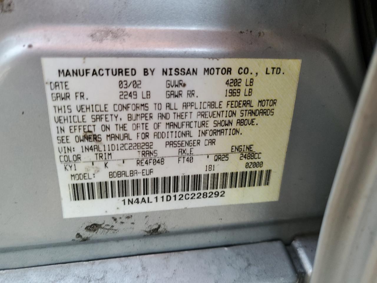 2002 Nissan Altima VIN 1N4AL11D12C228292 Copart auction photo, front end damage thumbnail 12