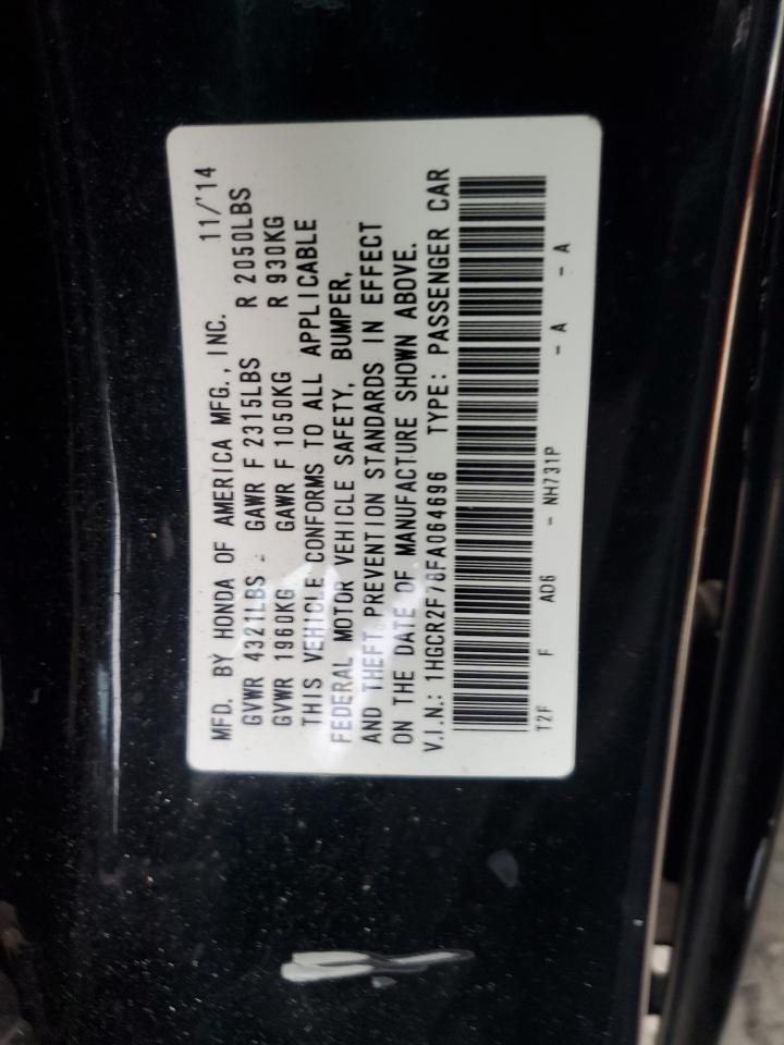 2015 Honda Accord VIN 1HGCR2F78FA064696 Copart auction photo, side / rear end damage thumbnail 12