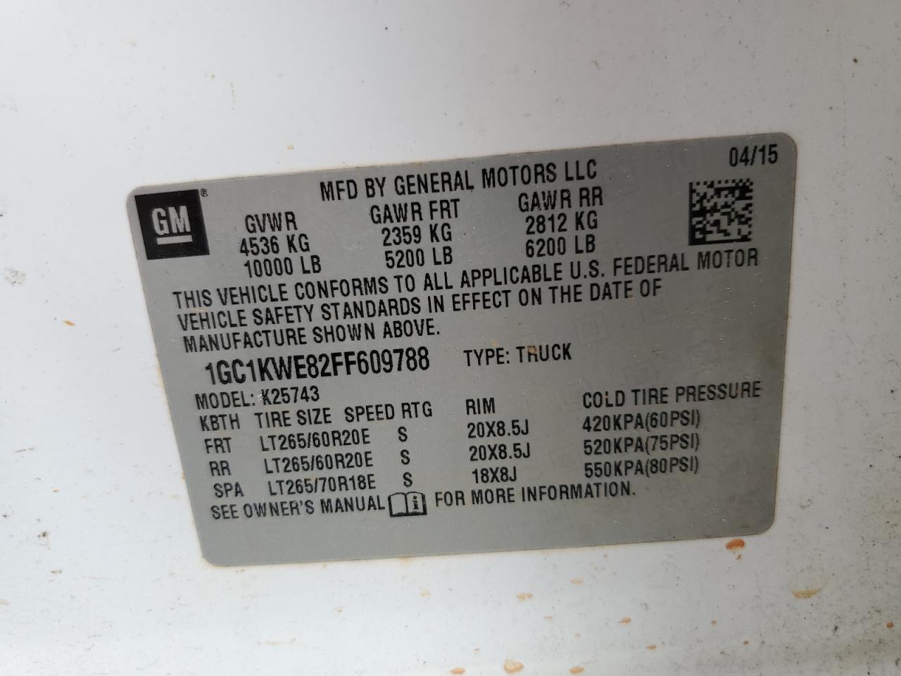 2015 Chevrolet Silverado VIN 1GC1KWE82FF609788 Copart auction photo, front end damage thumbnail 12