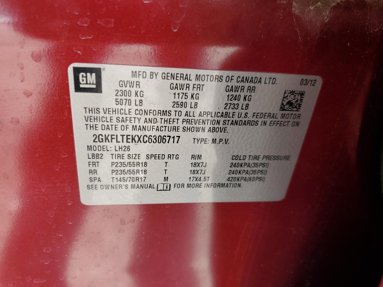 2012 GMC Terrain VIN 2GKFLTEKXC6306717 Copart auction photo, minor dent/scratches damage thumbnail 13
