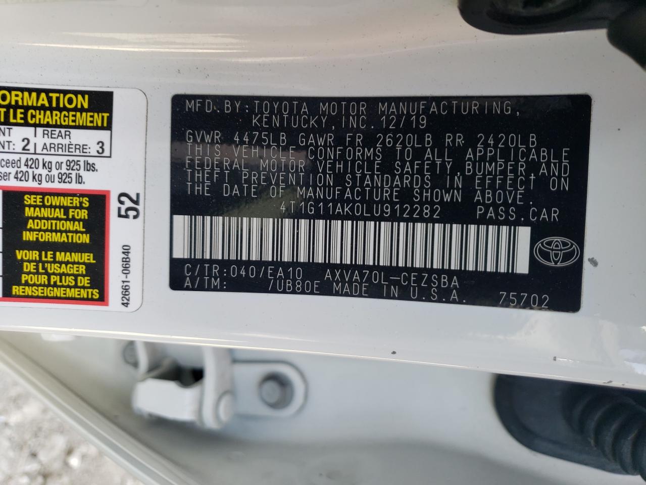 2020 Toyota Camry VIN 4T1G11AK0LU912282 Copart auction photo, all over damage thumbnail 12