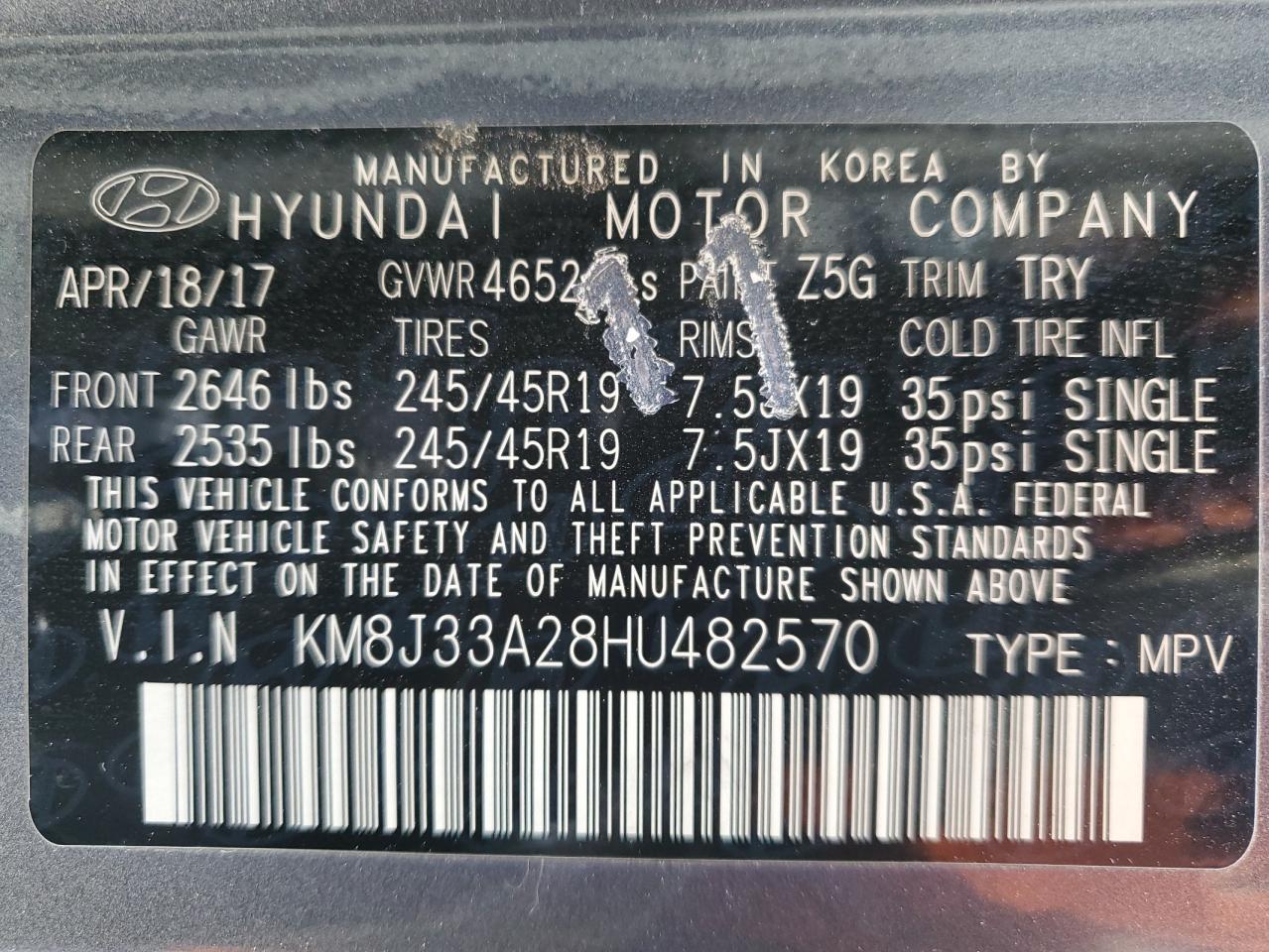 2017 Hyundai Tucson VIN KM8J33A28HU482570 Copart auction photo, front end / rear end damage thumbnail 13