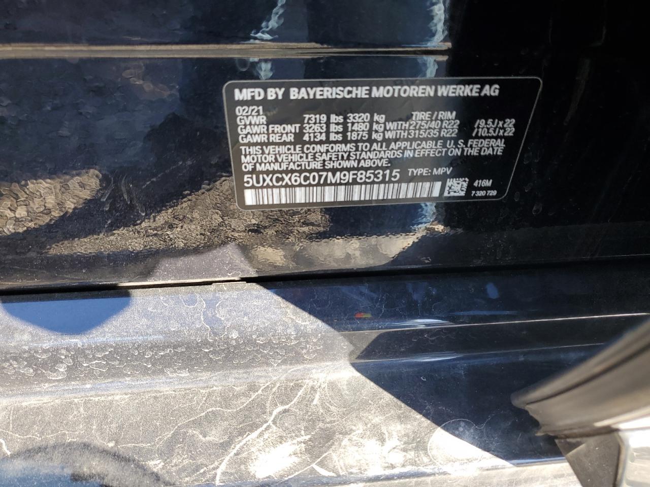 2021 BMW X7 VIN 5UXCX6C07M9F85315 Copart auction photo, front end damage thumbnail 13