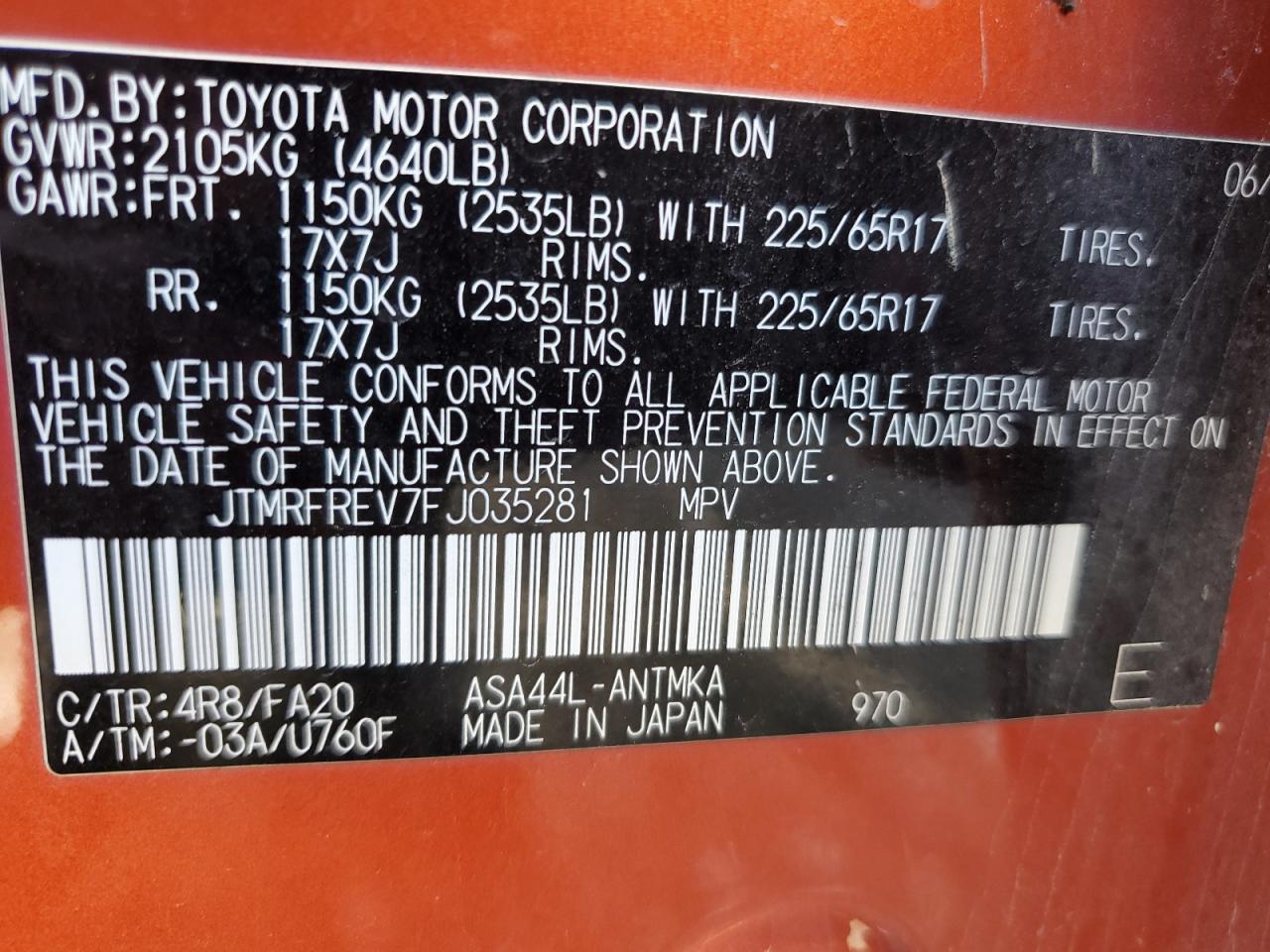 2015 Toyota RAV 4 VIN JTMRFREV7FJ035281 Copart auction photo, rear end damage thumbnail 13