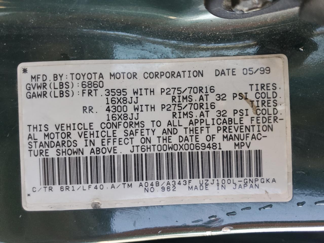 1999 Lexus LX VIN JT6HT00W0X0069481 Copart auction photo, front end / rear end damage thumbnail 13
