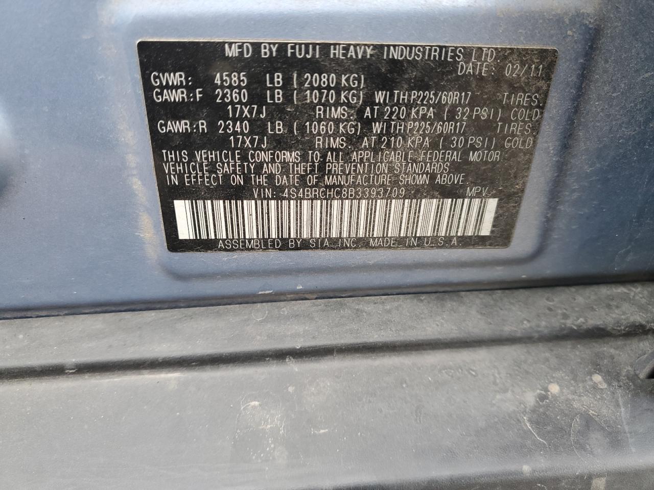 2011 Subaru Outback VIN 4S4BRCHC8B3393709 Copart auction photo, minor dent/scratches damage thumbnail 13