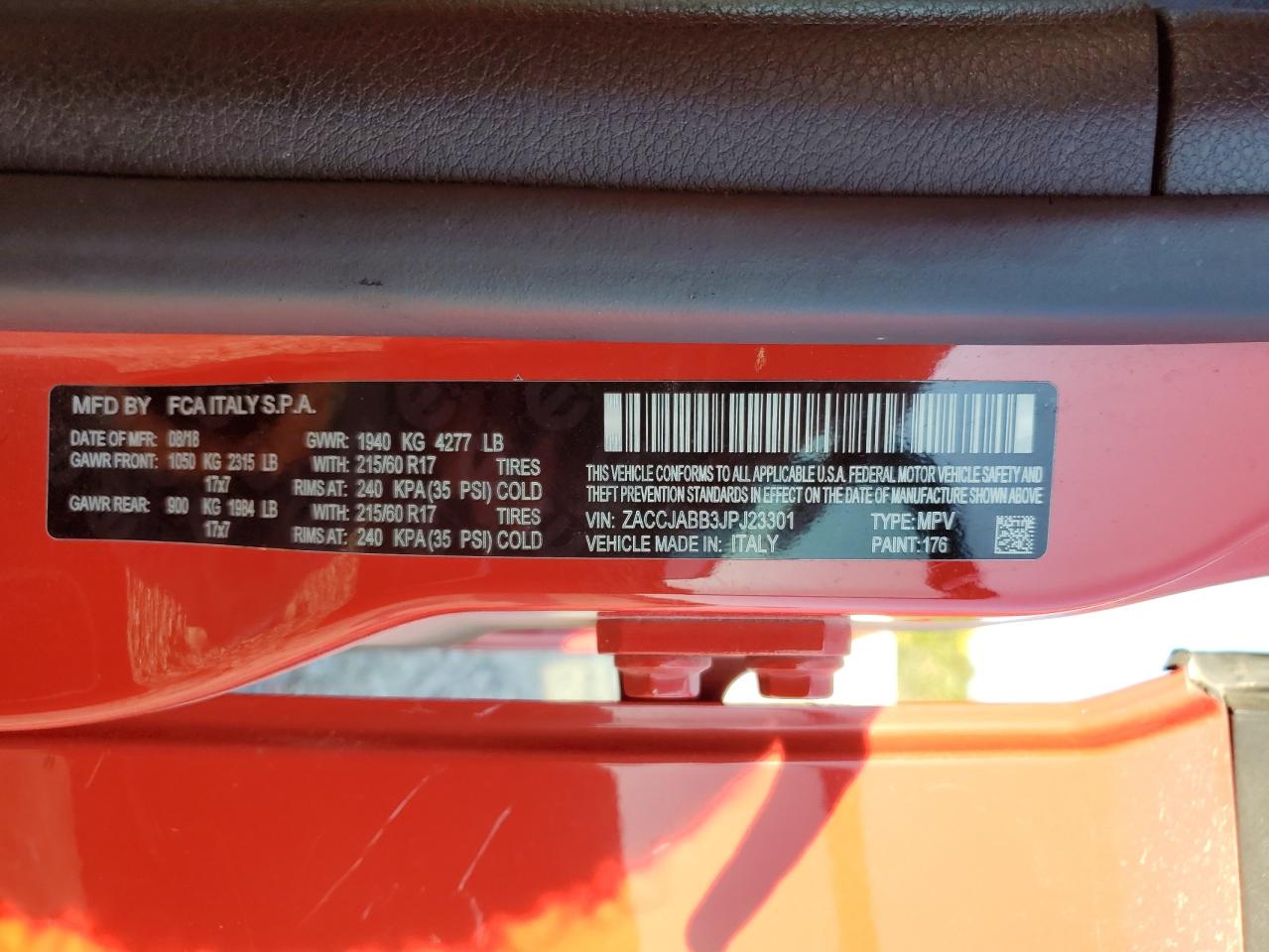 2018 Jeep Renegade VIN ZACCJABB3JPJ23301 Copart auction photo, front end damage thumbnail 15