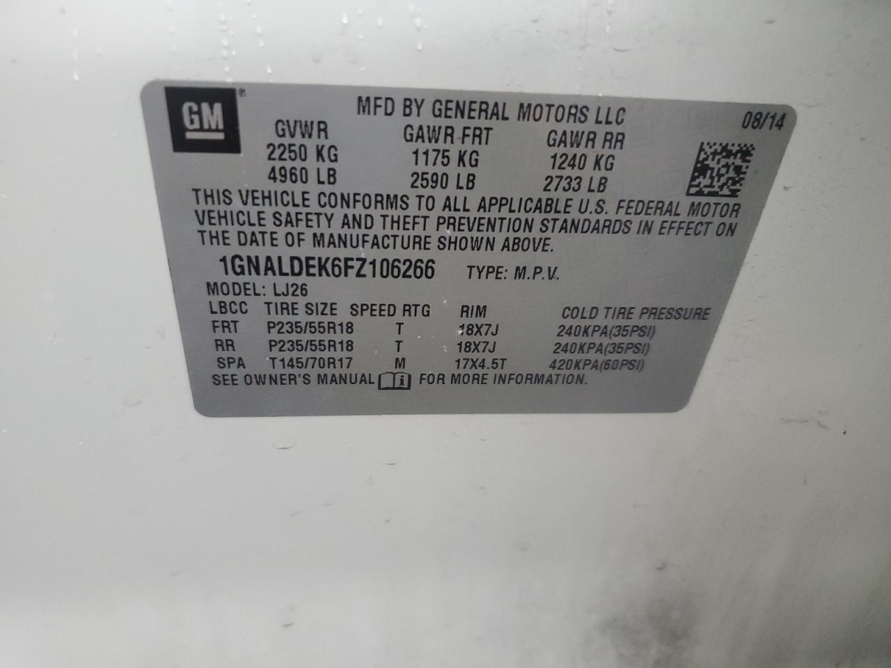 2015 Chevrolet Equinox VIN 1GNALDEK6FZ106266 Copart auction photo, front end damage thumbnail 15