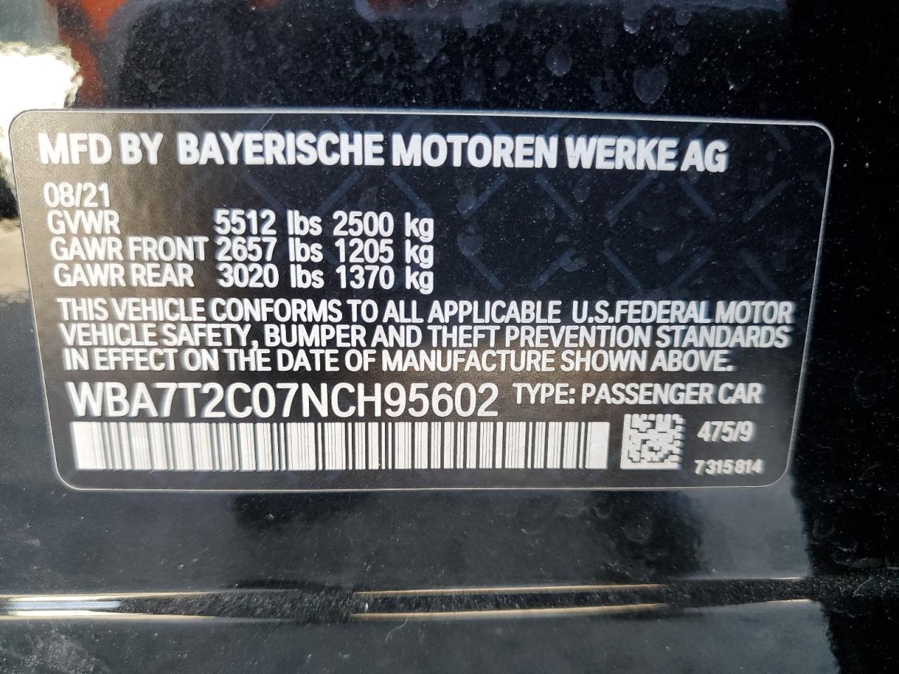 2022 BMW 7er VIN WBA7T2C07NCH95602 Copart auction photo, all over damage thumbnail 12