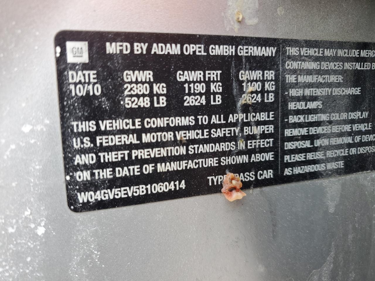 2011 Buick Regal VIN W04GV5EV5B1060414 Copart auction photo, front end damage thumbnail 13