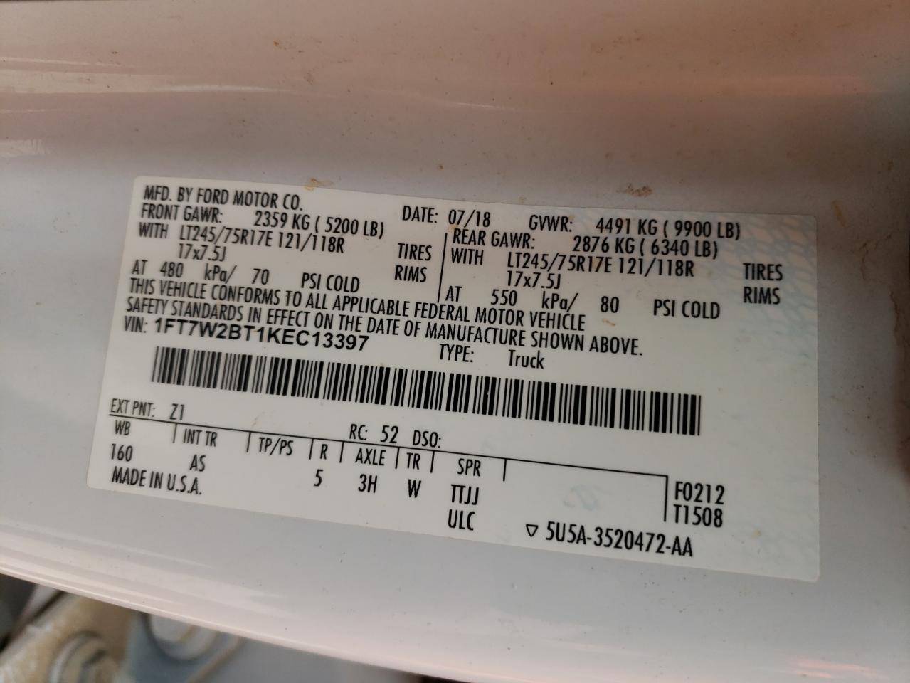 2019 Ford F250 VIN 1FT7W2BT1KEC13397 Copart auction photo, front end / undercarriage damage thumbnail 12