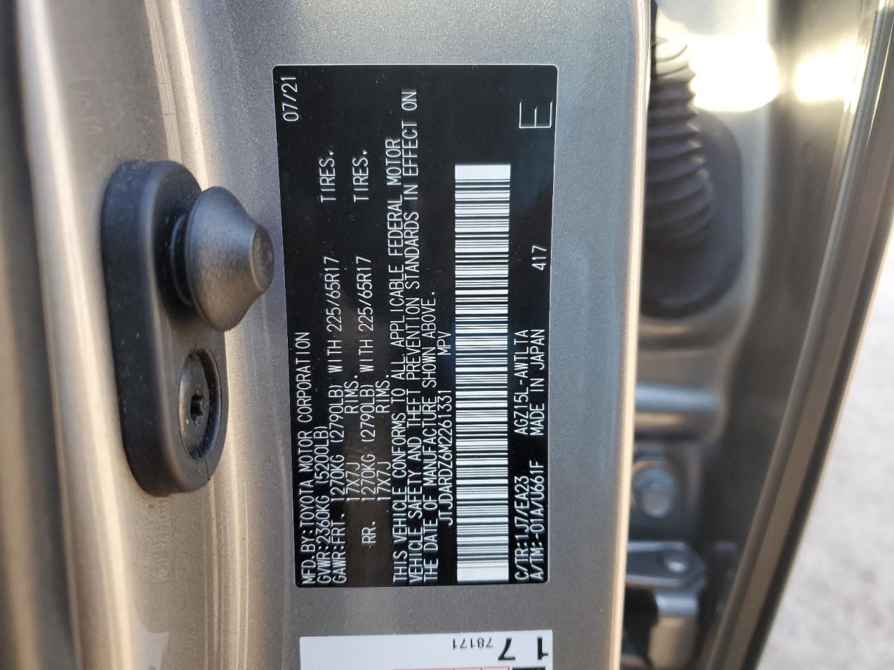 2021 Lexus NX VIN JTJDARDZ6M2261331 Copart auction photo, rear end / partial repair damage thumbnail 14