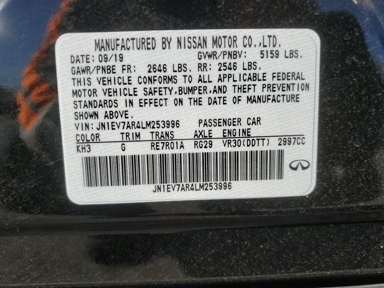 2020 Infiniti Q50 VIN JN1EV7AR4LM253996 Copart auction photo, stripped damage thumbnail 12