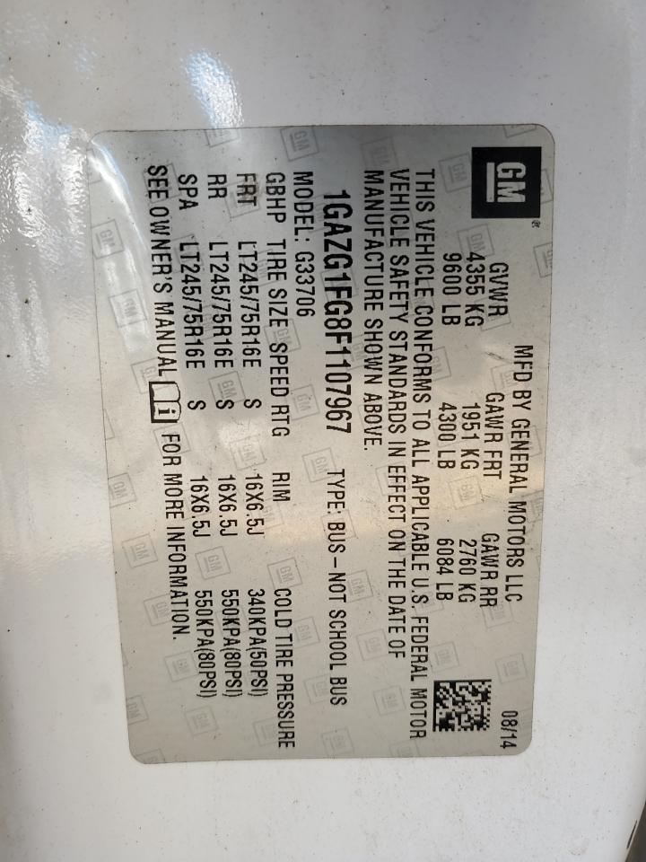 2015 Chevrolet Express VIN 1GAZG1FG8F1107967 Copart auction photo, minor dent/scratches damage thumbnail 12