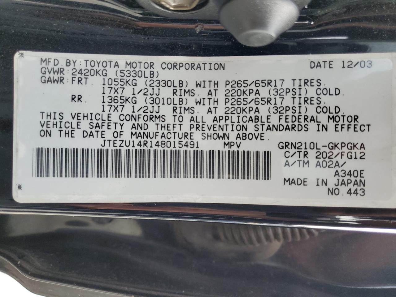 2004 Toyota 4Runner VIN JTEZU14R148015491 Copart auction photo, all over damage thumbnail 13