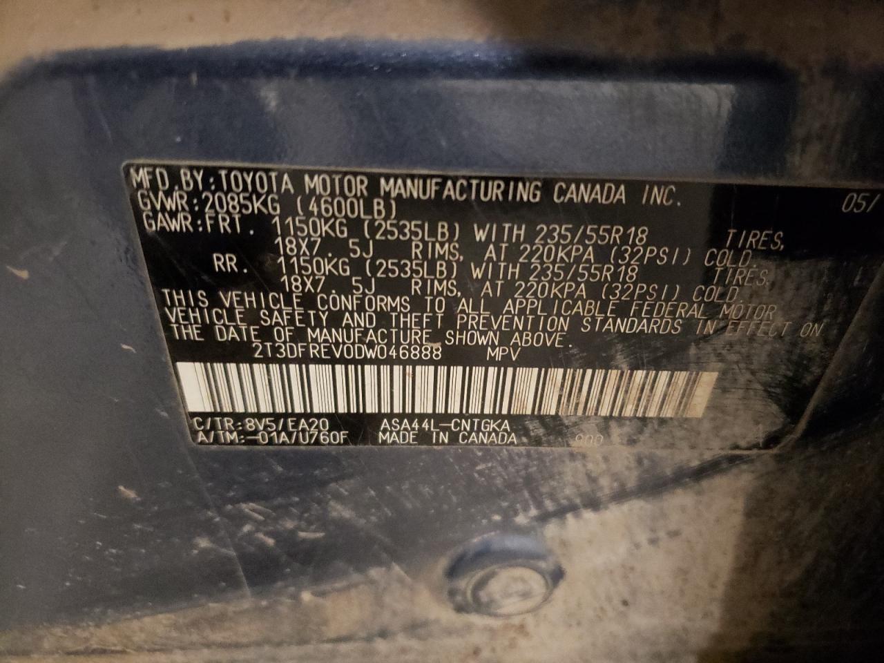 2013 Toyota RAV 4 VIN 2T3DFREV0DW046888 Copart auction photo, rear end damage thumbnail 13