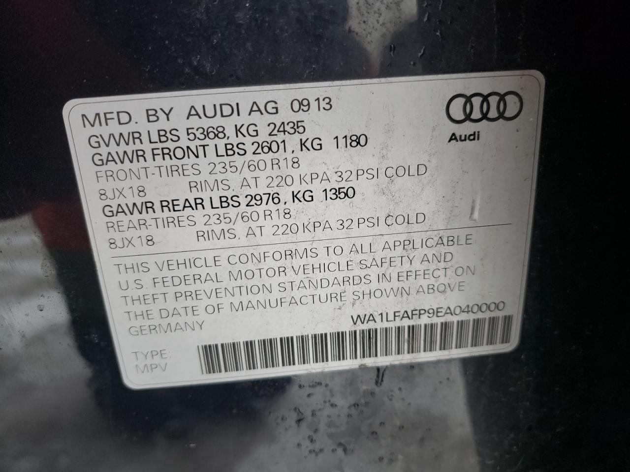 2014 Audi Q5 VIN WA1LFAFP9EA040000 Copart auction photo, front end / mechanical damage thumbnail 13