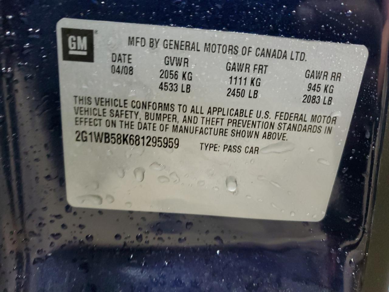 2008 Chevrolet Impala VIN 2G1WB58K681295959 Copart auction photo, front end damage thumbnail 12