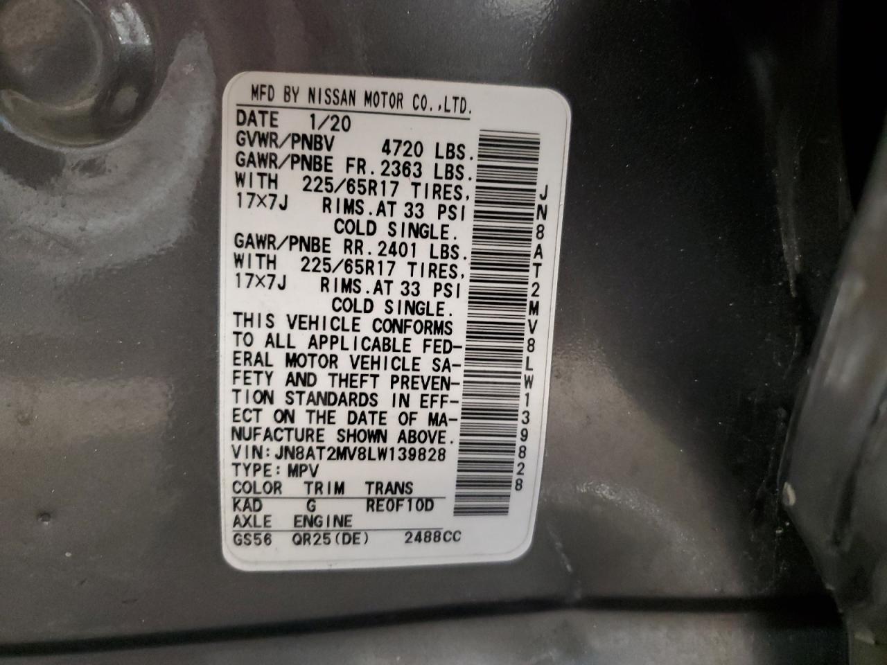 2020 Nissan Rogue VIN JN8AT2MV8LW139828 Copart auction photo, side damage thumbnail 13