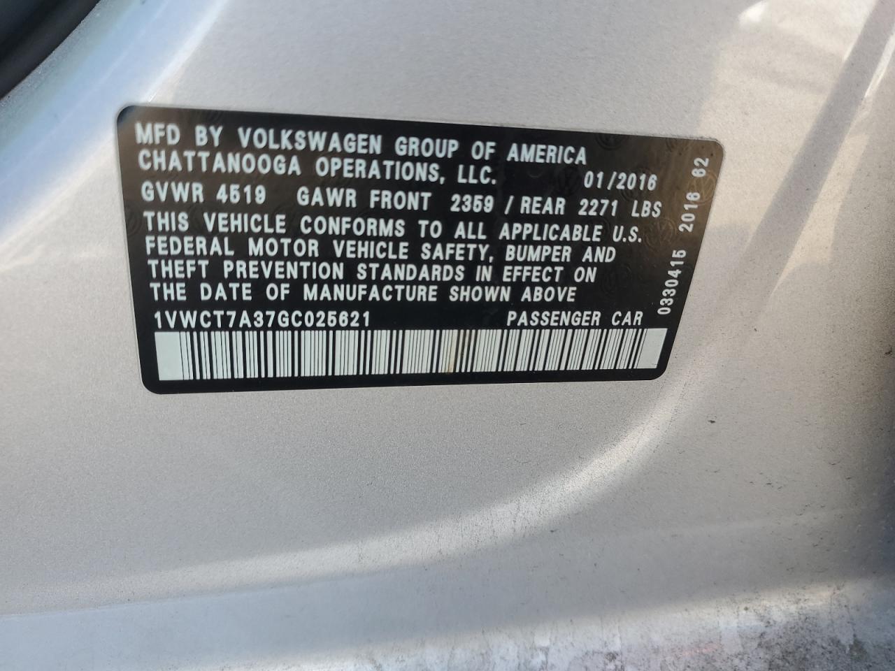 2016 Volkswagen Passat VIN 1VWCT7A37GC025621 Copart auction photo, all over damage thumbnail 12