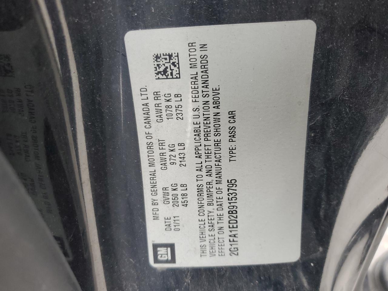 2011 Chevrolet Camaro VIN 2G1FA1ED2B9153795 Copart auction photo, side damage thumbnail 12