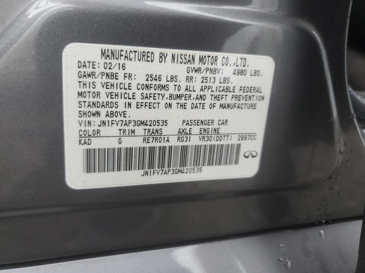 2016 Infiniti Q50 VIN JN1FV7AP3GM420535 Copart auction photo, front end damage thumbnail 12