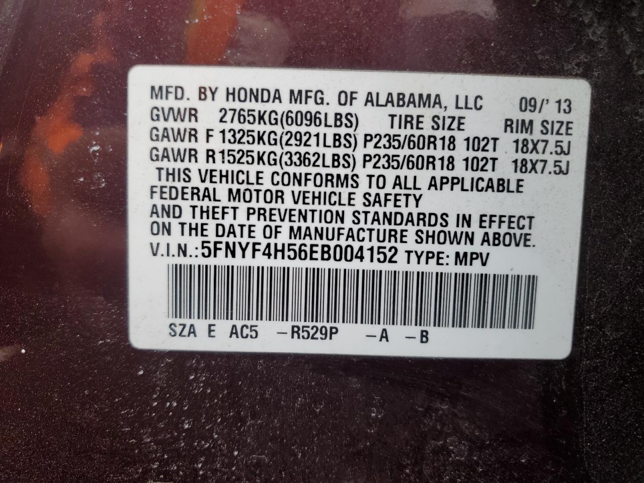 2014 Honda Pilot VIN 5FNYF4H56EB004152 Copart auction photo, front end / minor dent/scratches damage thumbnail 13