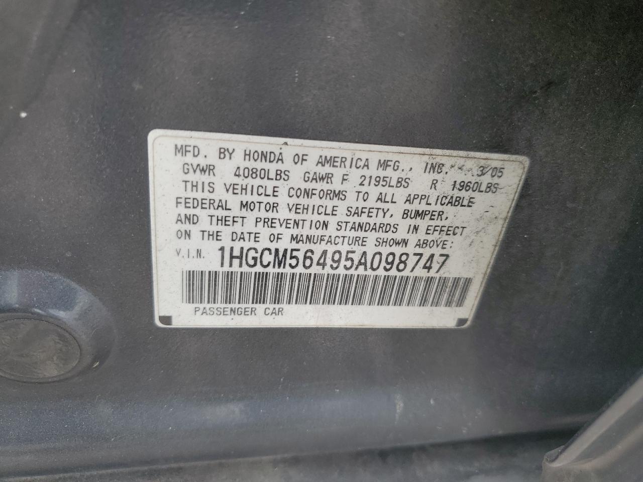 2005 Honda Accord VIN 1HGCM56495A098747 Copart auction photo, minor dent/scratches damage thumbnail 12