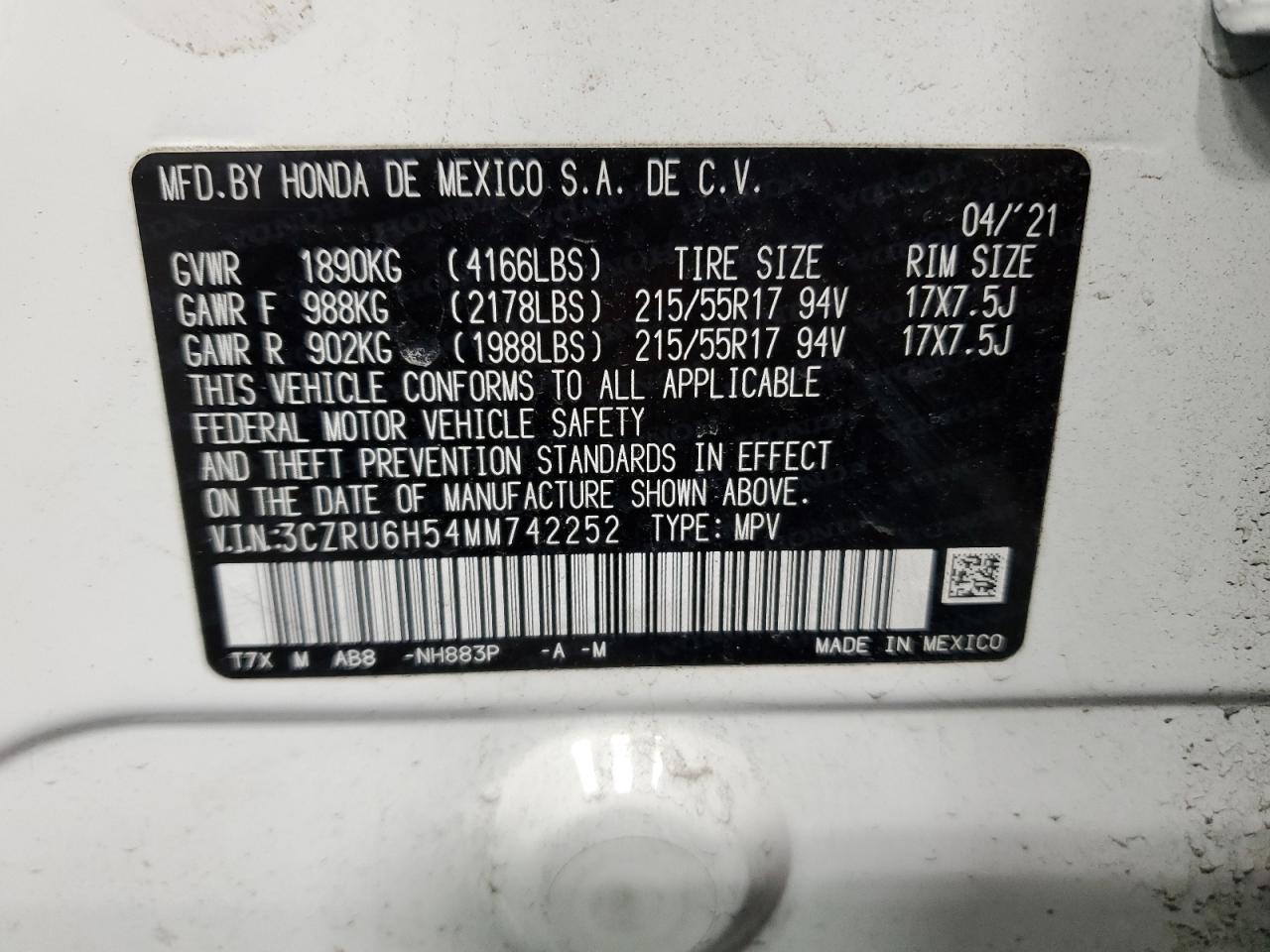 2021 Honda HR-V VIN 3CZRU6H54MM742252 Copart auction photo, front end damage thumbnail 14