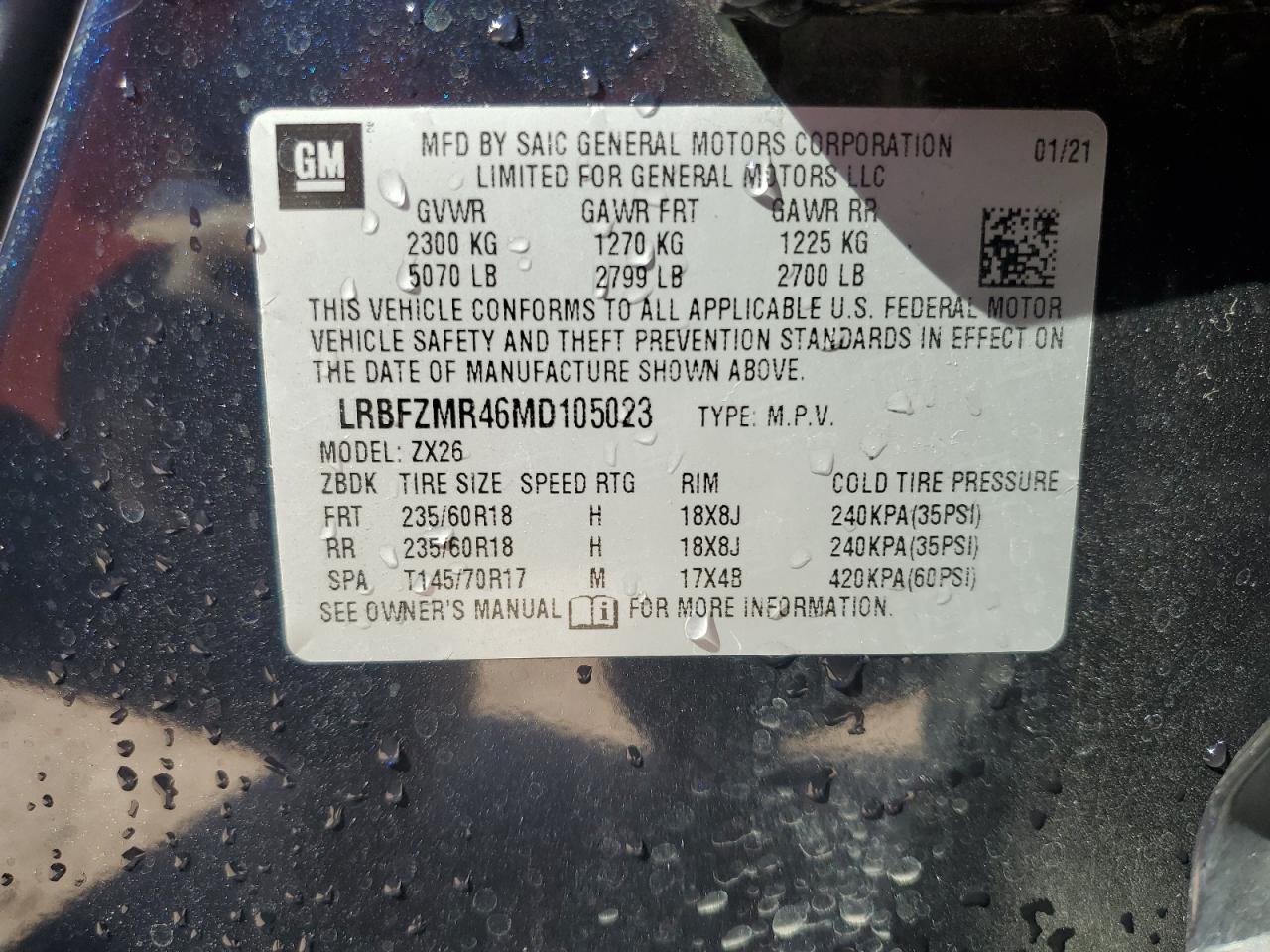 2021 Buick Envision VIN LRBFZMR46MD105023 Copart auction photo, side / rear end damage thumbnail 13