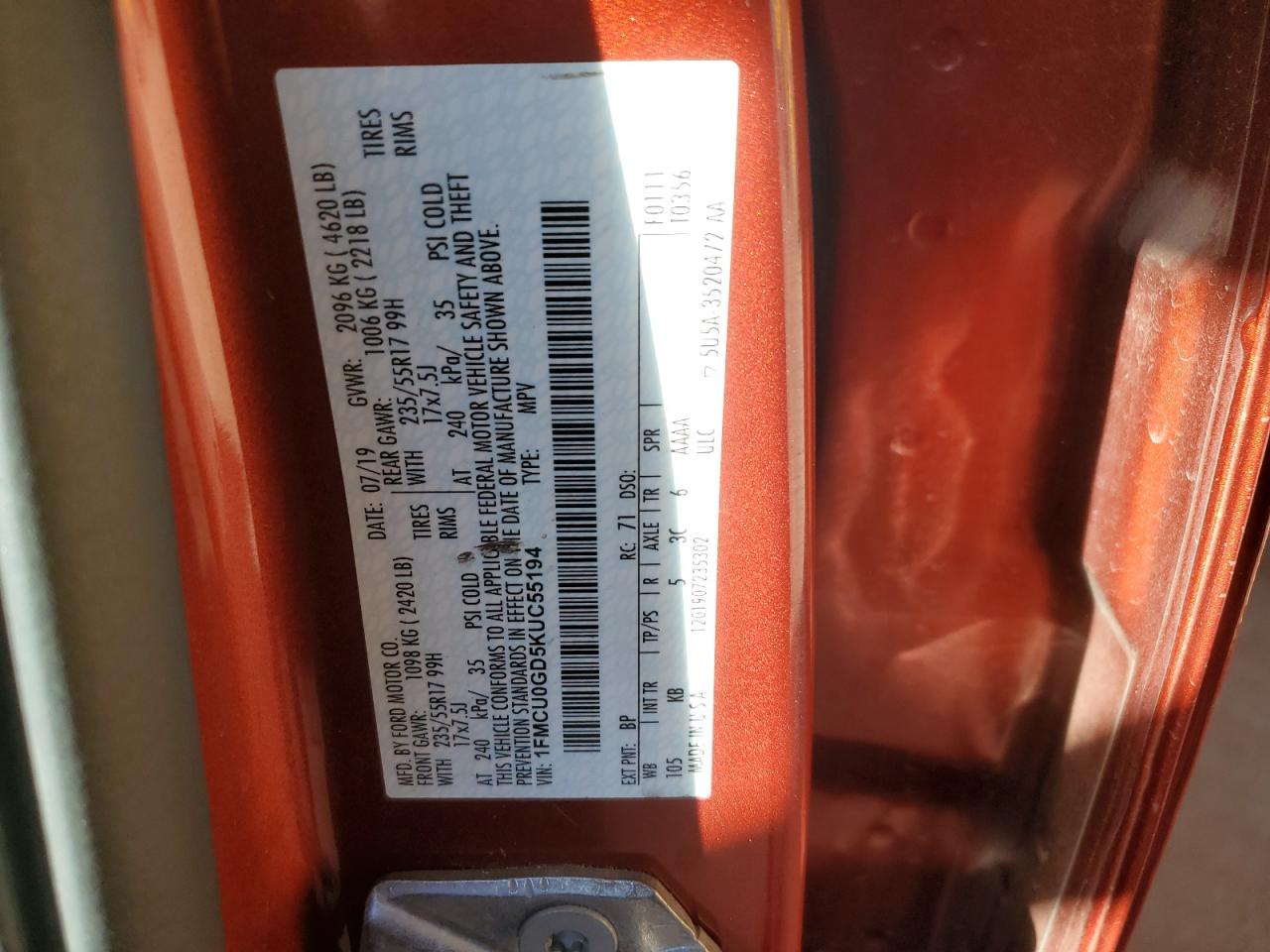 2019 Ford Escape VIN 1FMCU0GD5KUC55194 Copart auction photo, side damage thumbnail 12
