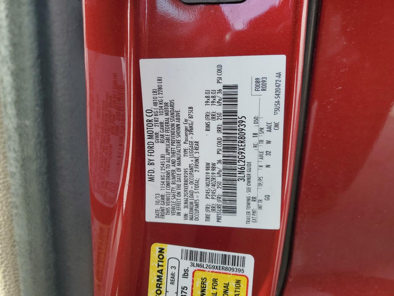 2014 Lincoln MKZ VIN 3LN6L2G9XER809395 Copart auction photo, front end damage thumbnail 12