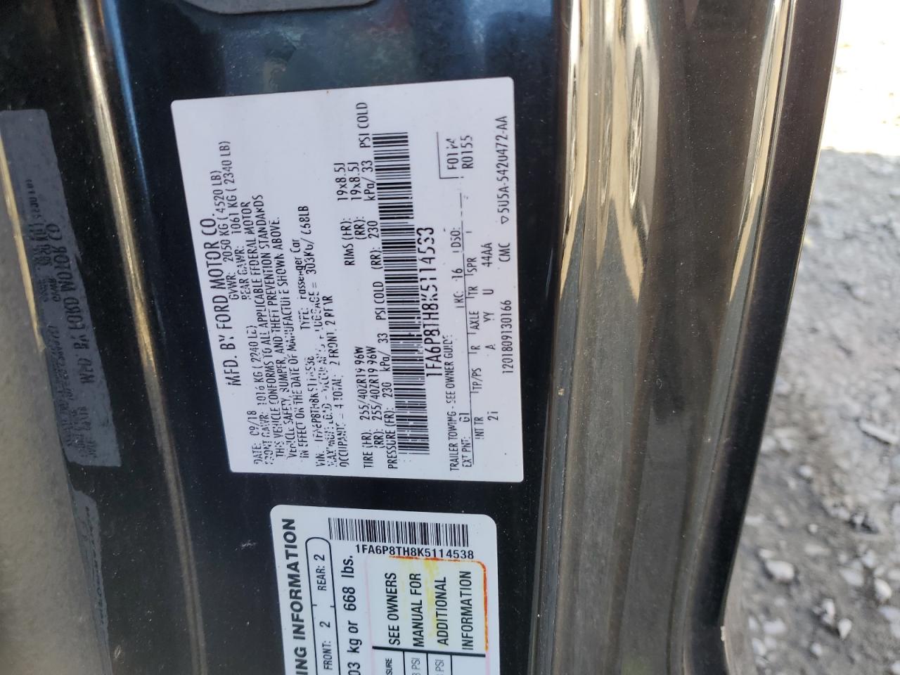 2019 Ford Mustang VIN 1FA6P8TH8K5114538 Copart auction photo, water/flood / front end damage thumbnail 12