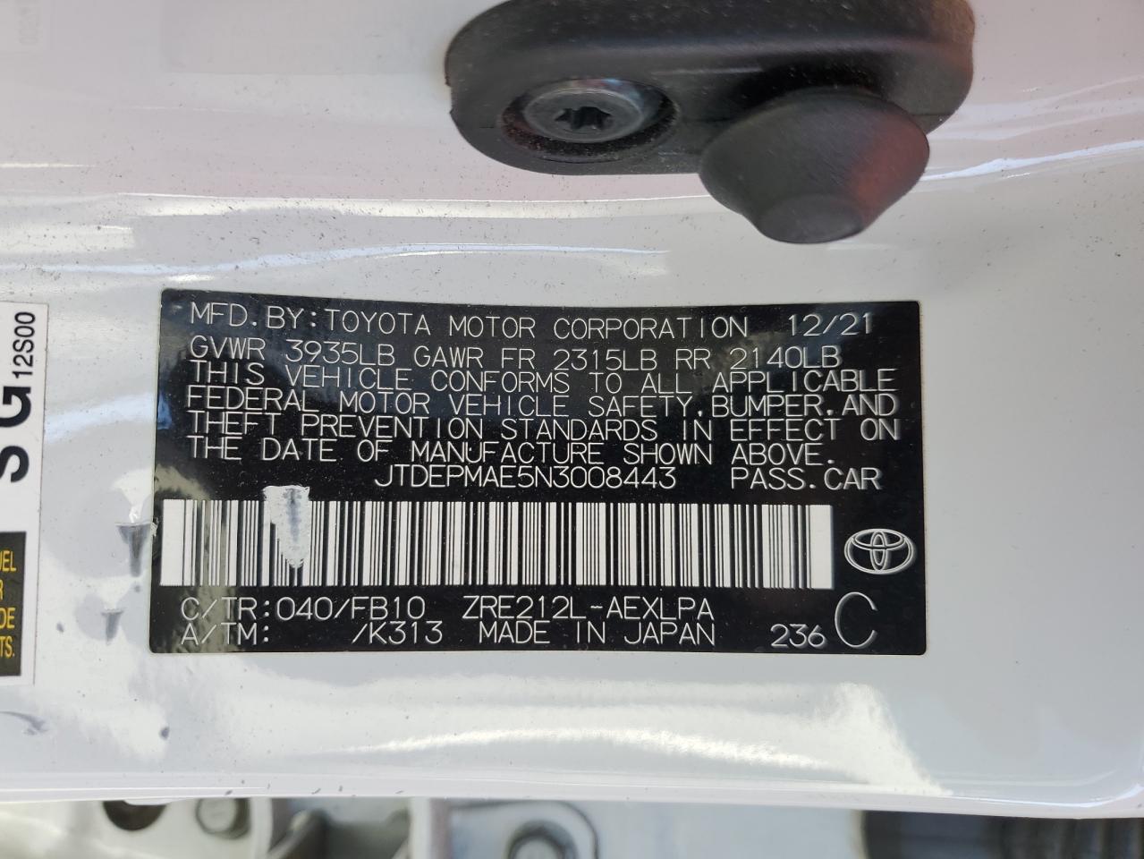 2022 Toyota Corolla VIN JTDEPMAE5N3008443 Copart auction photo, rear end damage thumbnail 13