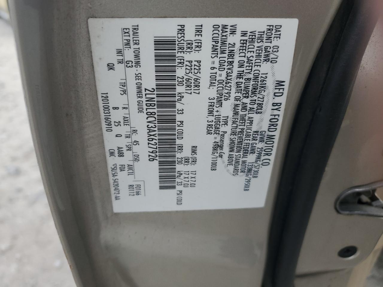 2010 Lincoln Town Car VIN 2LNBL8CV3AX627926 Copart auction photo, rear end damage thumbnail 13