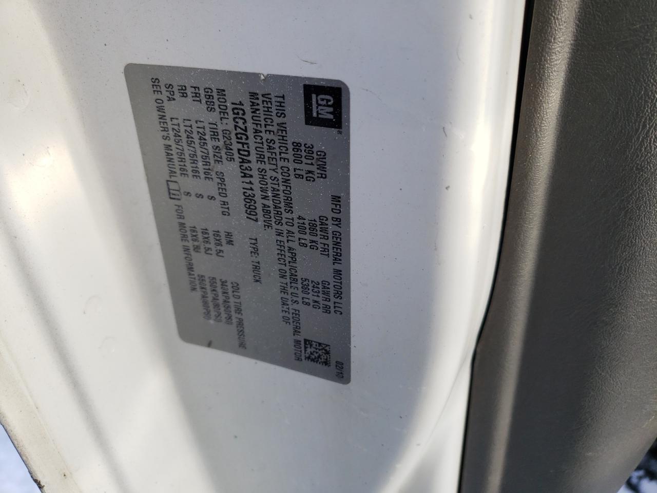 2010 Chevrolet Express VIN 1GCZGFDA3A1136997 Copart auction photo, side damage thumbnail 12