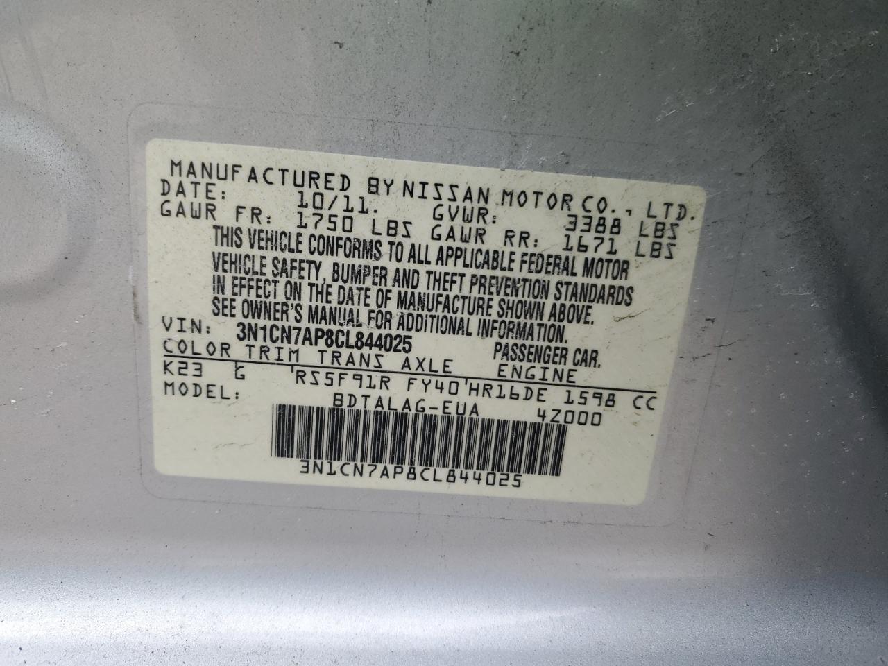 2012 Nissan Versa VIN 3N1CN7AP8CL844025 Copart auction photo, front end / side damage thumbnail 15
