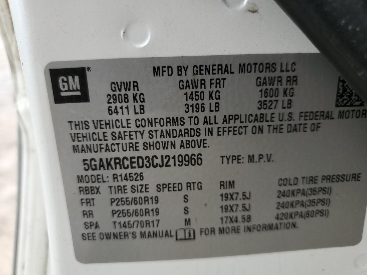 2012 Buick Enclave VIN 5GAKRCED3CJ219966 Copart auction photo, front end damage thumbnail 14
