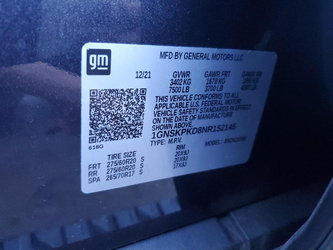 2022 Chevrolet Tahoe VIN 1GNSKPKD8NR152145 Copart auction photo, front end damage thumbnail 15