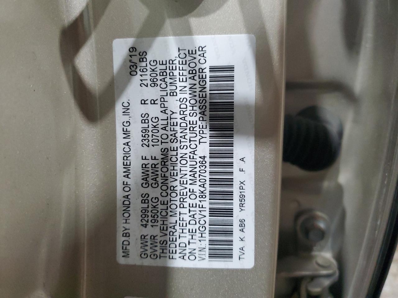 2019 Honda Accord VIN 1HGCV1F18KA070364 Copart auction photo, rear end / minor dent/scratches damage thumbnail 14