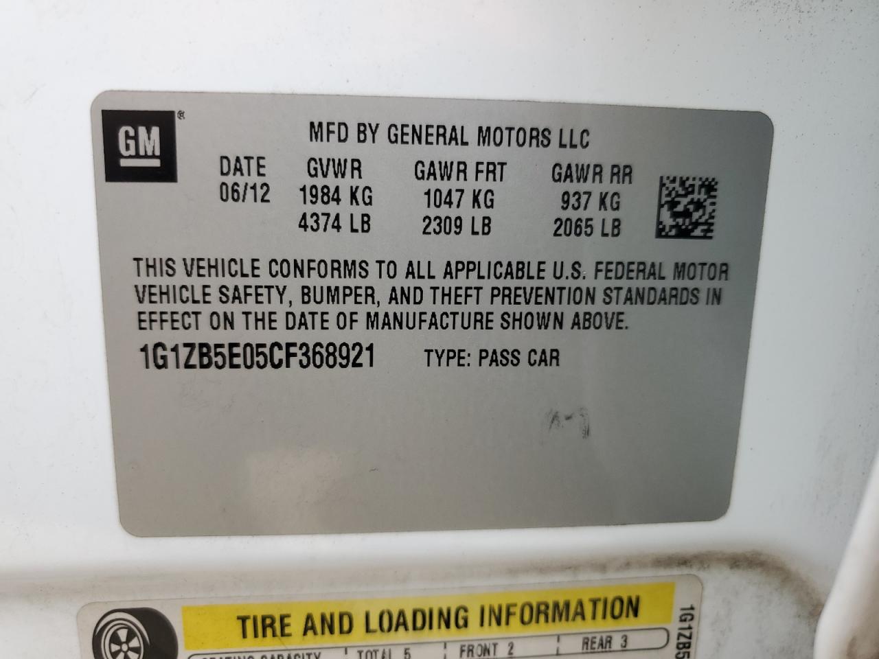 2012 Chevrolet Malibu VIN 1G1ZB5E05CF368921 Copart auction photo, front end damage thumbnail 13