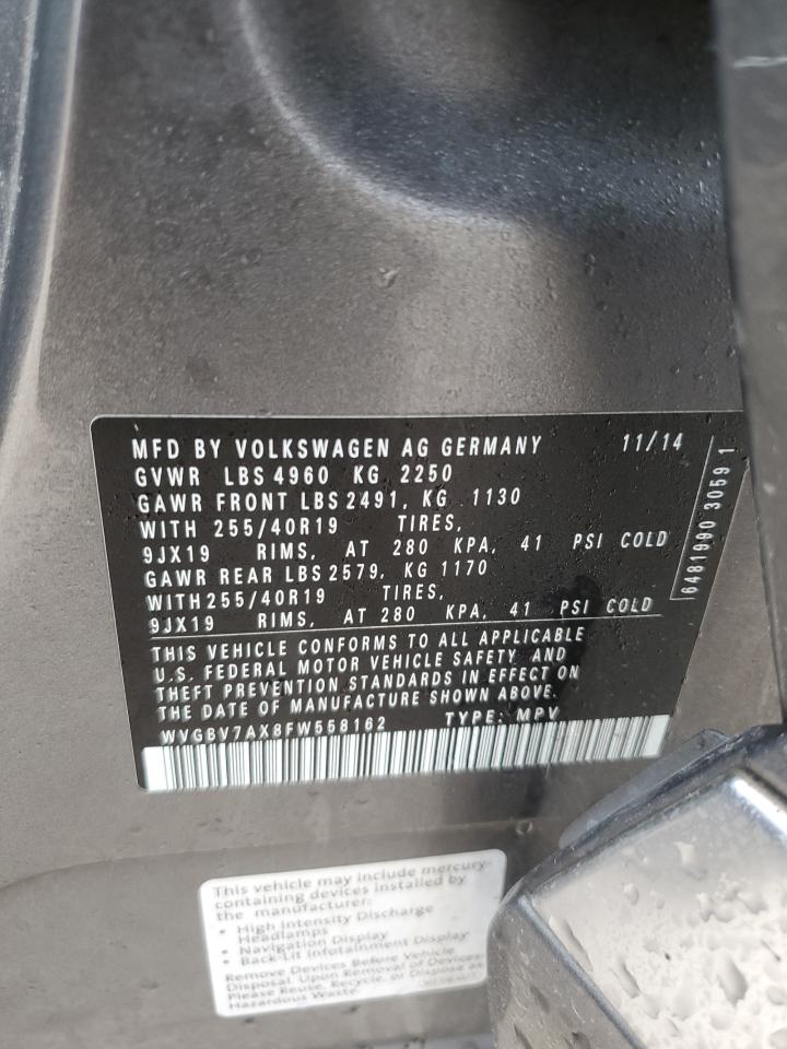 2015 Volkswagen Tiguan VIN WVGBV7AX8FW558162 Copart auction photo, rear end / minor dent/scratches damage thumbnail 13