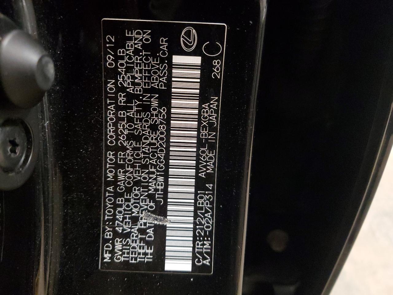 2013 Lexus ES VIN JTHBW1GG4D2008756 Copart auction photo, front end damage thumbnail 12