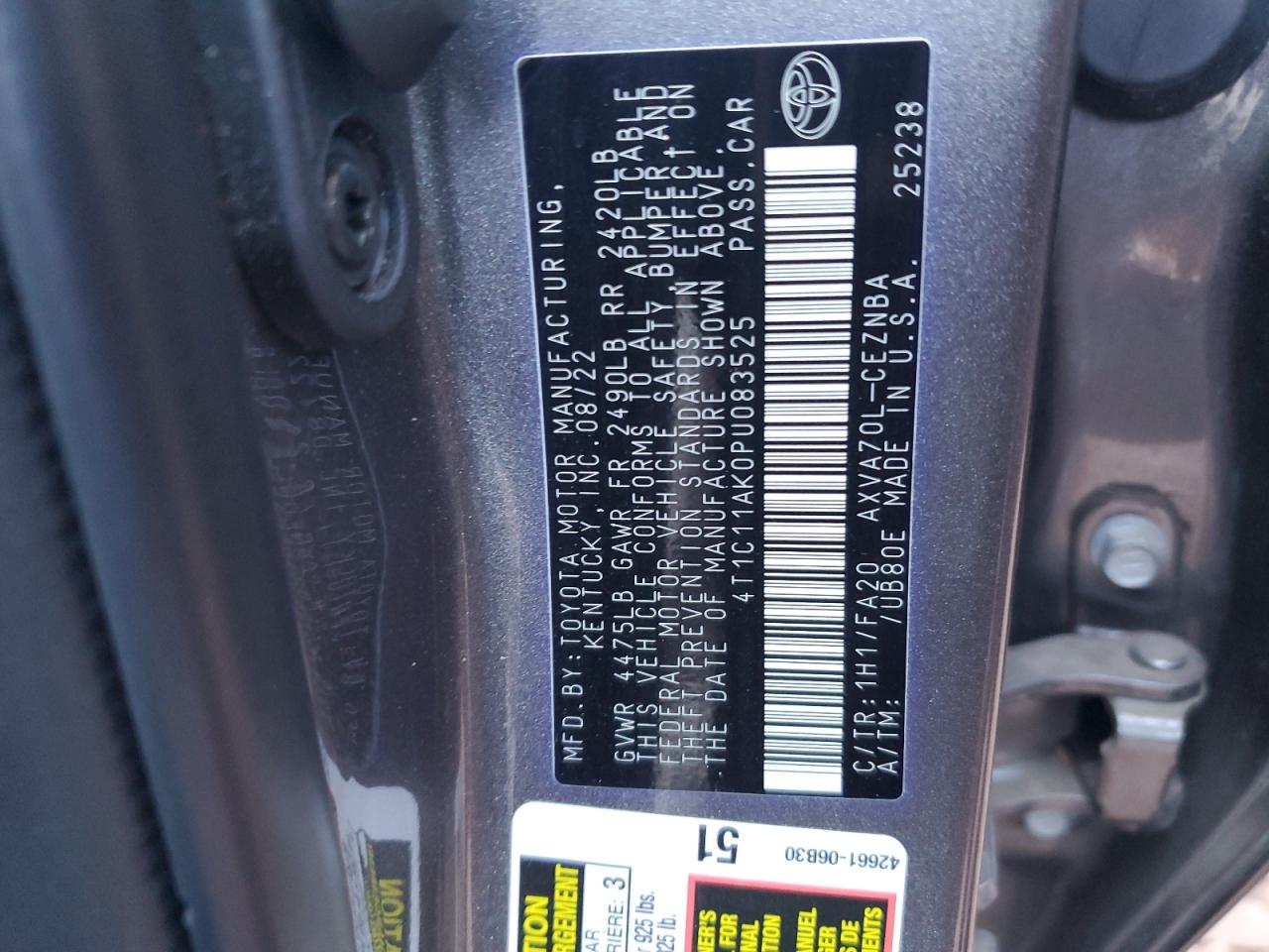 2023 Toyota Camry VIN 4T1C11AK0PU083525 Copart auction photo, front end damage thumbnail 12