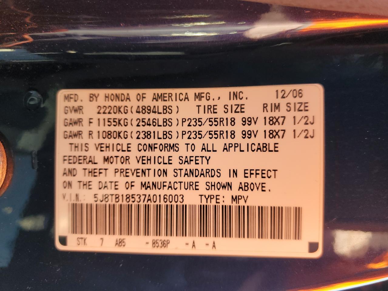 2007 Acura RDX VIN 5J8TB18537A016003 Copart auction photo, front end / rear end damage thumbnail 15