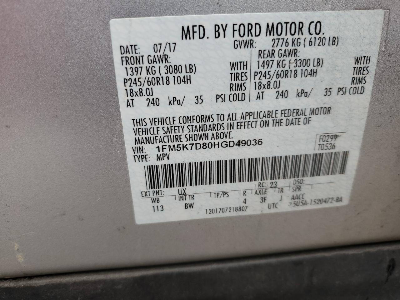 2017 Ford Explorer VIN 1FM5K7D80HGD49036 Copart auction photo, all over damage thumbnail 16
