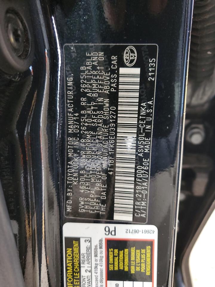 2014 Toyota Camry VIN 4T1BF1FK6EU391270 Copart auction photo, front end / rear end damage thumbnail 14