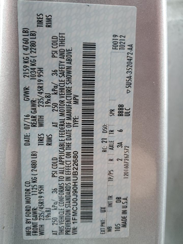 2017 Ford Escape VIN 1FMCU0J90HUB22680 Copart auction photo, mechanical / minor dent/scratches damage thumbnail 13