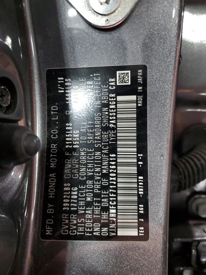 2018 Honda Civic VIN JHMFC1F71JX026416 Copart auction photo, front end damage thumbnail 12