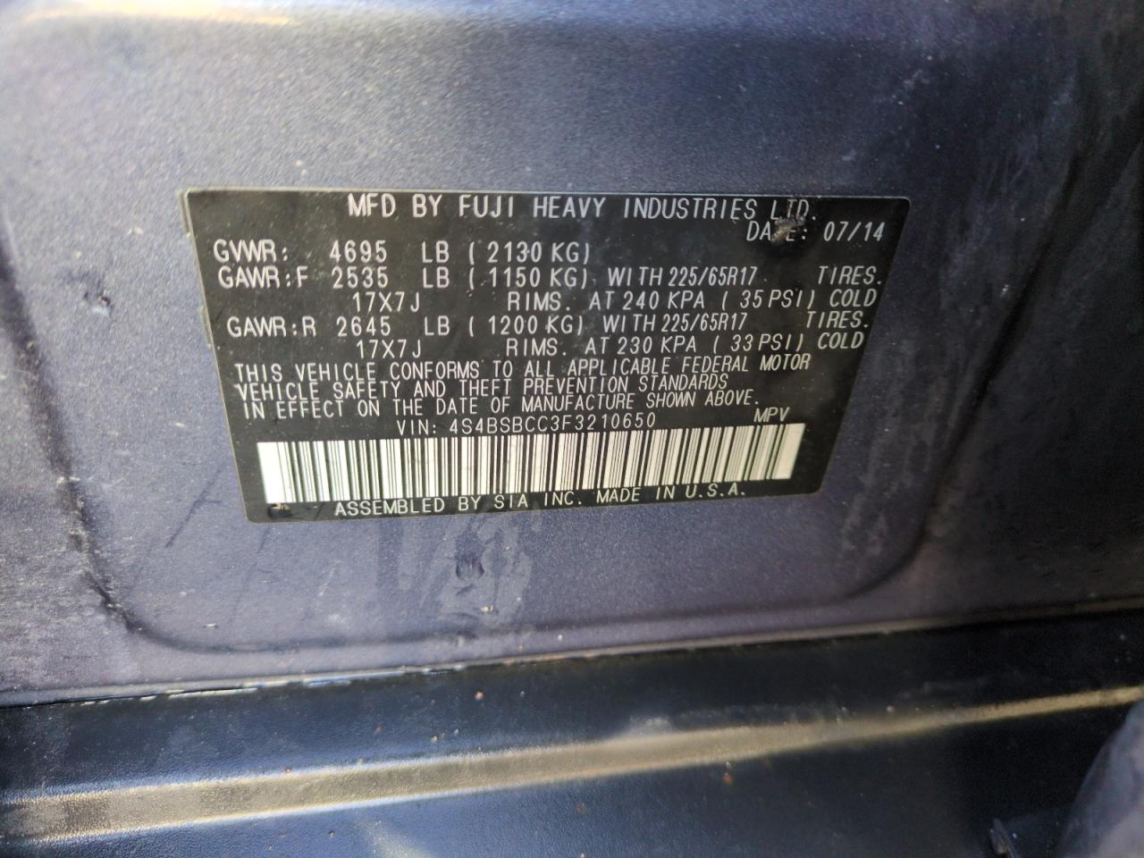2015 Subaru Outback VIN 4S4BSBCC3F3210650 Copart auction photo, all over damage thumbnail 12